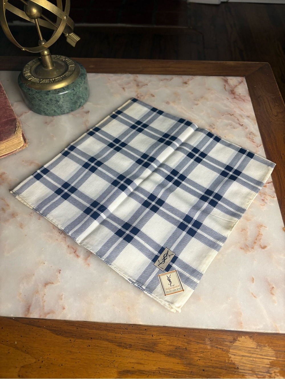 Yves Saint Laurent Navy and White Plaid/Checkered Handkerchief